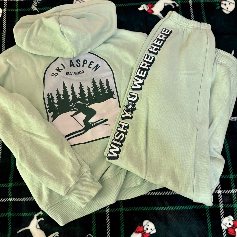 PINK Ski Aspen Hoodie and Sweatpants Set Light Green Small